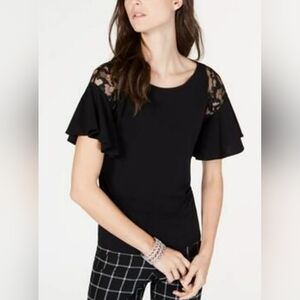 INTERNATIONAL CONCEPTS / BLACK SHORT SLEEVE BLOUSE WITH LACE SLEEVES / m…